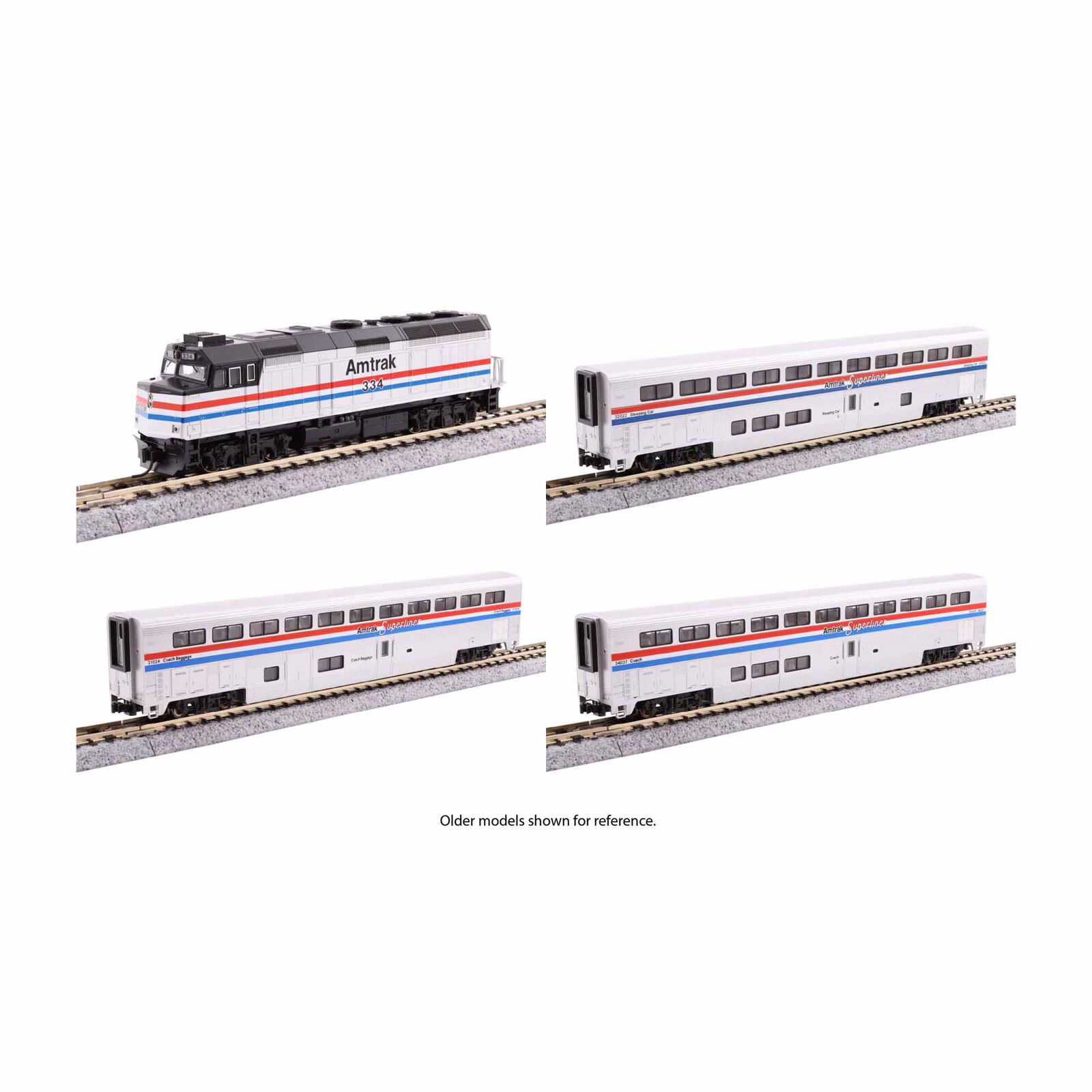 N Amtrak F40PH with Ditch lights Superliner I Phase III  4 Unit Set