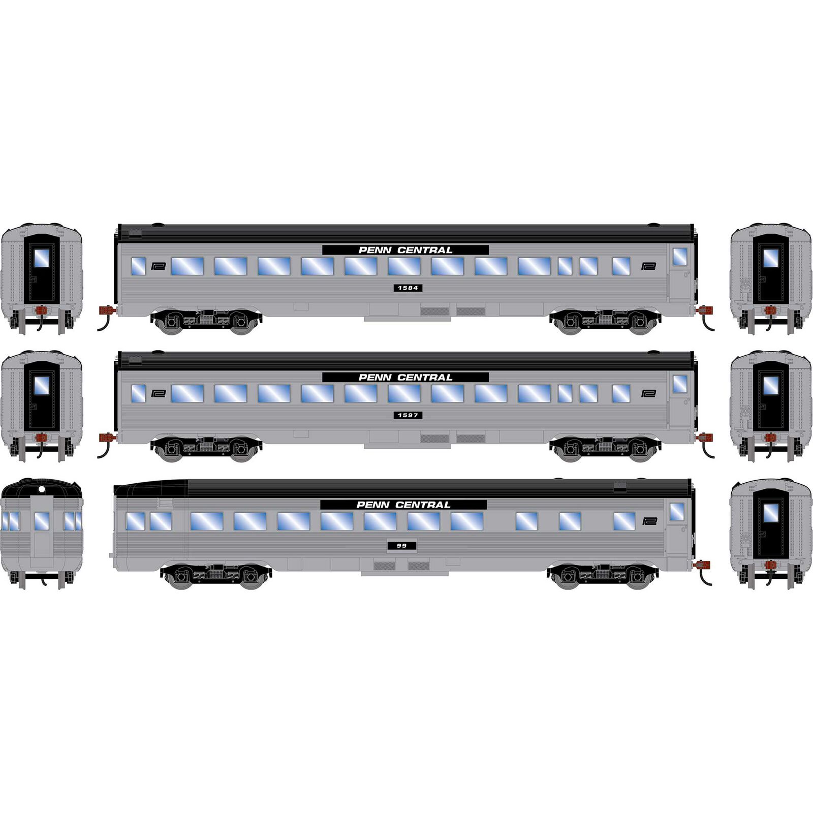 HO RND Streamline Cars, PC Coach #1584/Coach #1597/Observation #99 (3)