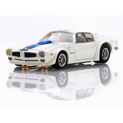 HO 1970 TransAm Firebird Mega G+ Slot Car, White & Blue HO 1970 TransAm Firebird Mega G+ Slot Car, White & Blue