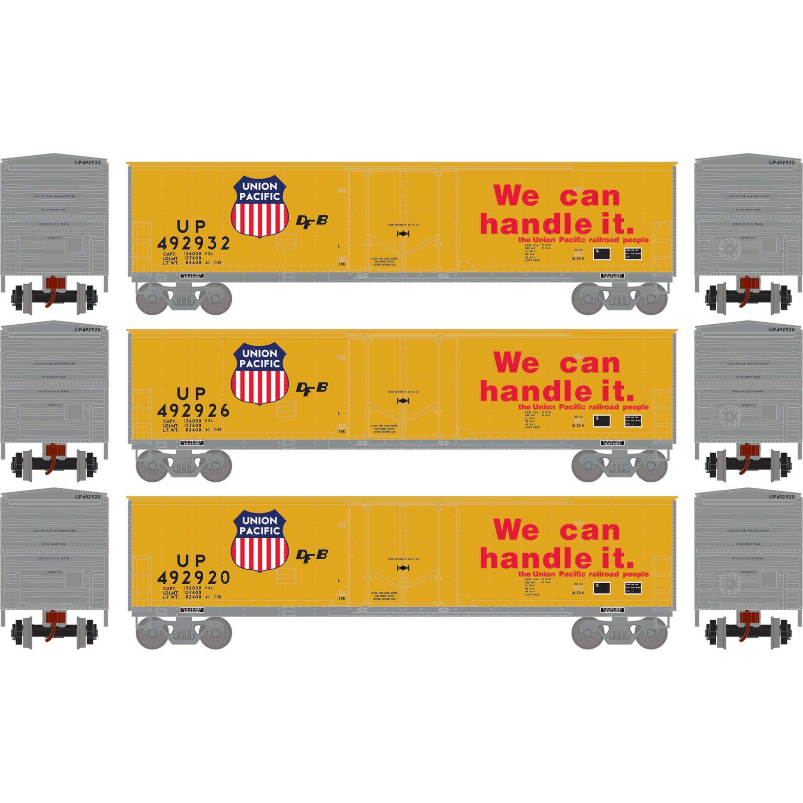 HO 50' Youngstown Plug Door Box Car, UP #492920/492926/492932 (3)