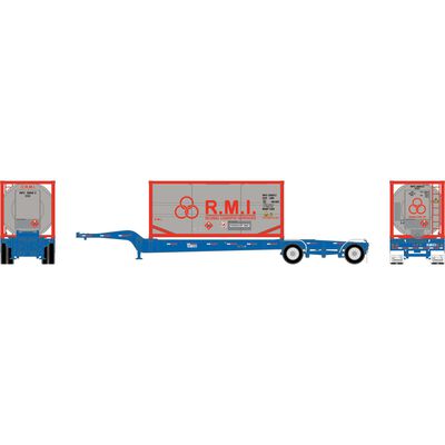 HO Drop-Frame Spread-Axle Chassis with Container, Chassis- Blue #122589; Container- RMTU #268647 8 HO Drop-Frame Spread-Axle Chassis with Container, Chassis- Blue #122589; Container- RMTU #268647 8