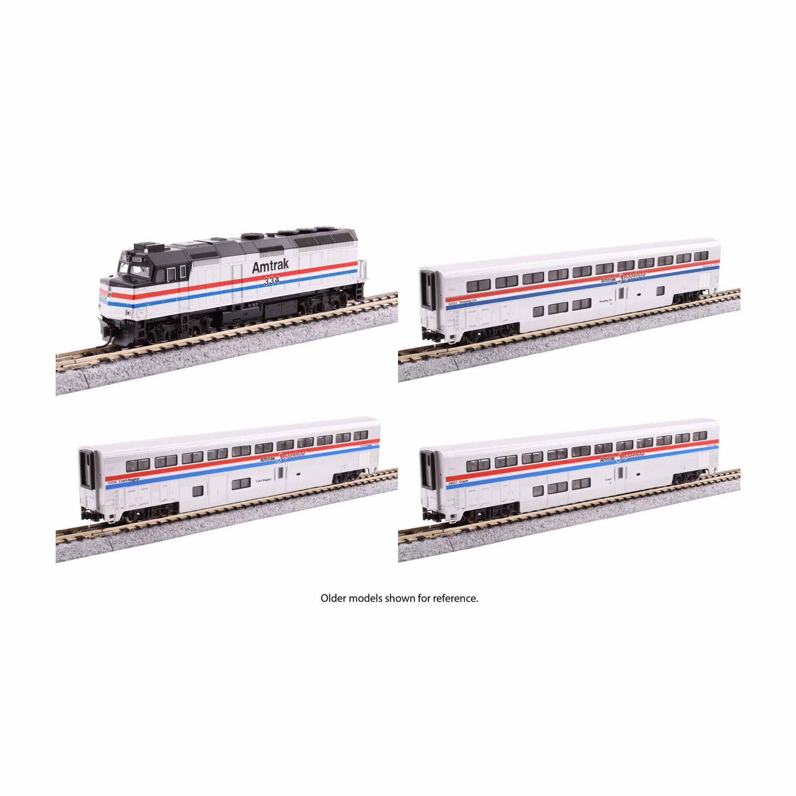 N Amtrak F40PH with Ditch lights Superliner I Phase III  4 Unit Set W/ Sound