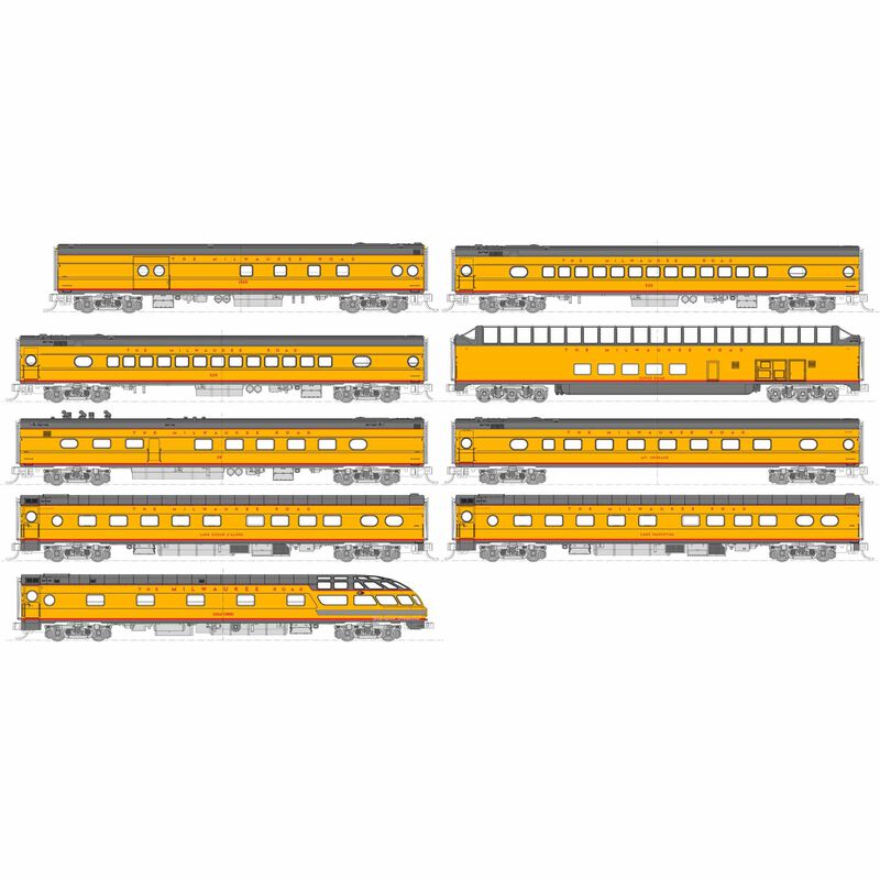 N Olympian Hiawatha 9-Car Set, Milwaukee Road Post 1955 Scheme w/ Pre-Installed Interior Lights