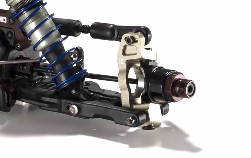 Front hub carriers are CNC machined aluminum with a 12 degree angle