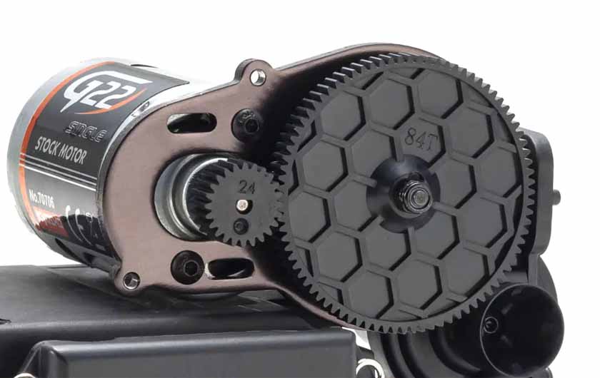Gear ratio can be changed using the elongated hole in the motor mount