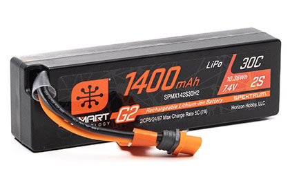 Spektrum&trade; 7.4V 1400mAh 2S 30C Smart G2 LiPo Battery: IC2 Connector for the Spekturm Smart Powerstage Surface Bundle